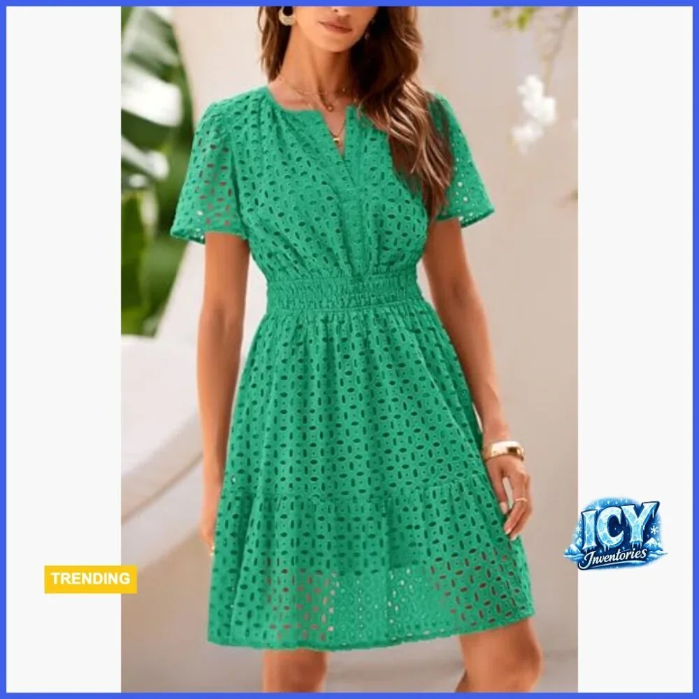 Cotton Hollow Out Lace V-Neck A-Line Mini Dress
